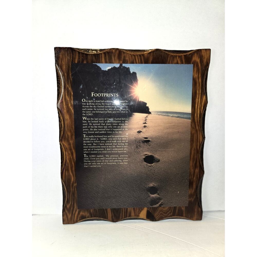 Vintage Footprints in the Sand Wood Resin Plaque Christian Wall Art 12"x 10"